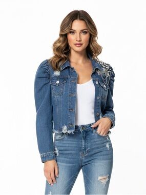 Denim Blvd. Los Angeles Rhinestone Puff Shoulder Jean Jacket